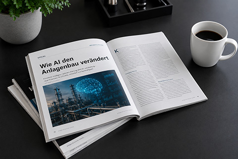 Aufgeschlagene Fachzeitschrift und Kaffeetasse